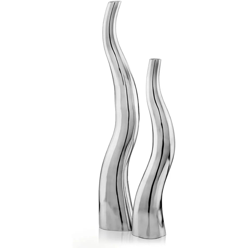 Set of 2 Modern Tall Silver Squiggly Vases