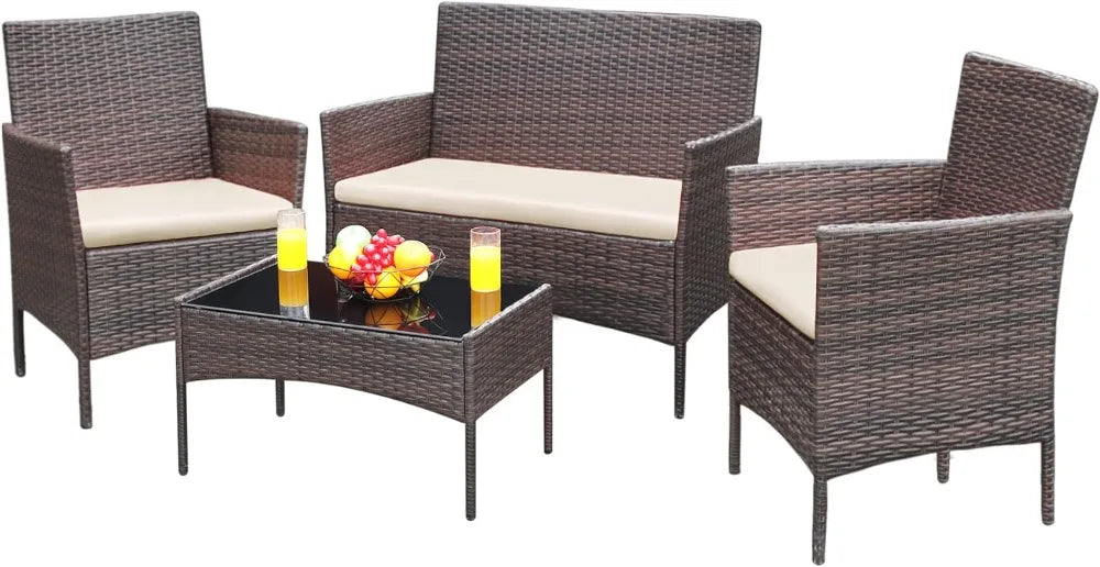 Patio Furniture 4 Pieces Wicker Rattan Chairs Garden Backyard  Poolside loveseat - Your Best Outdoor Shop