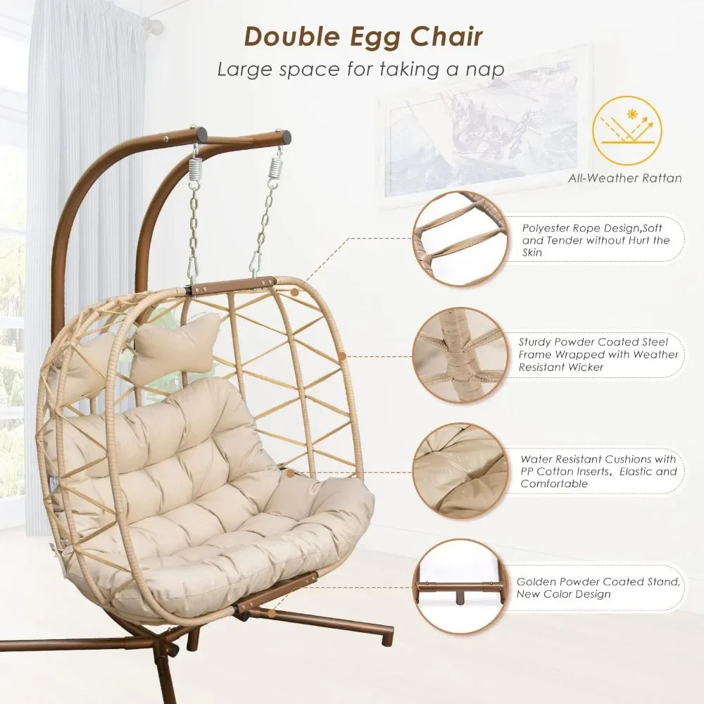 Double Swing Egg Chair with Stand, 2 Person Indoor Outdoor - Your Best Outdoor Shop