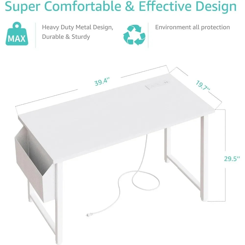 39 Inch White Computer Desk With Power Outlet Table - Your Best Outdoor Shop