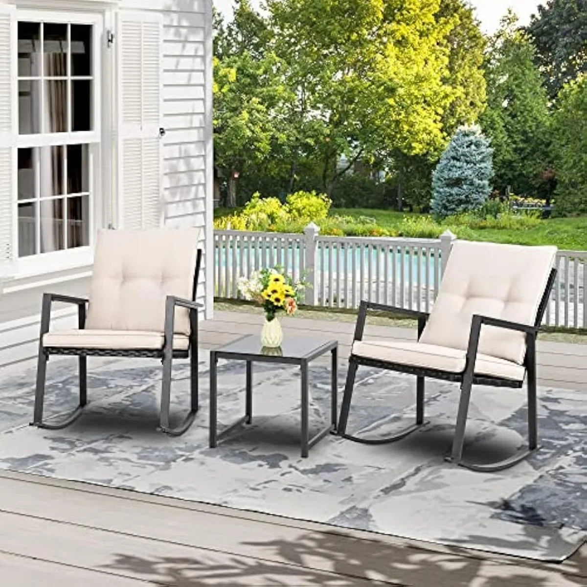 3 Piece Wicker Rocking Chair Outdoor Bistro Sets with Coffee Table - Your Best Outdoor Shop