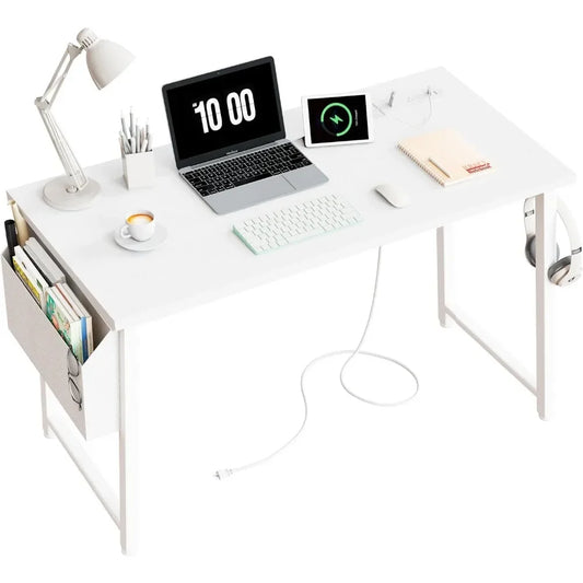 39 Inch White Computer Desk With Power Outlet Table - Your Best Outdoor Shop