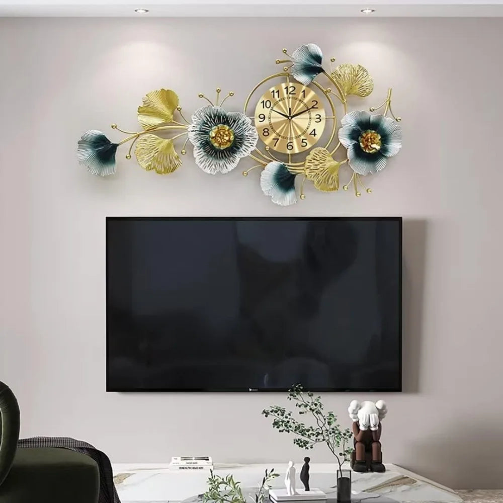 Large Decorative Wall Clock Light Luxury Ginkgo Quartz